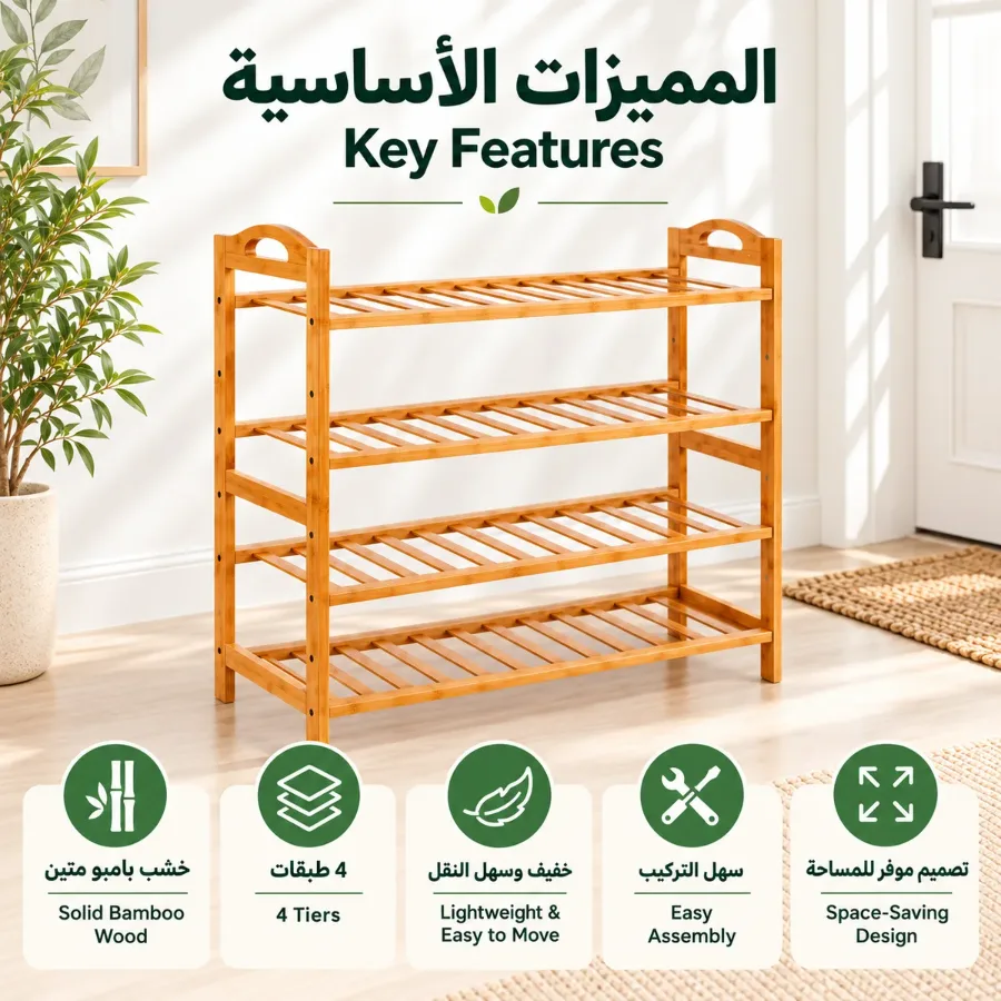 4 Layer Wooden Bamboo Shoe Rack 70x70x2cm β photo 2