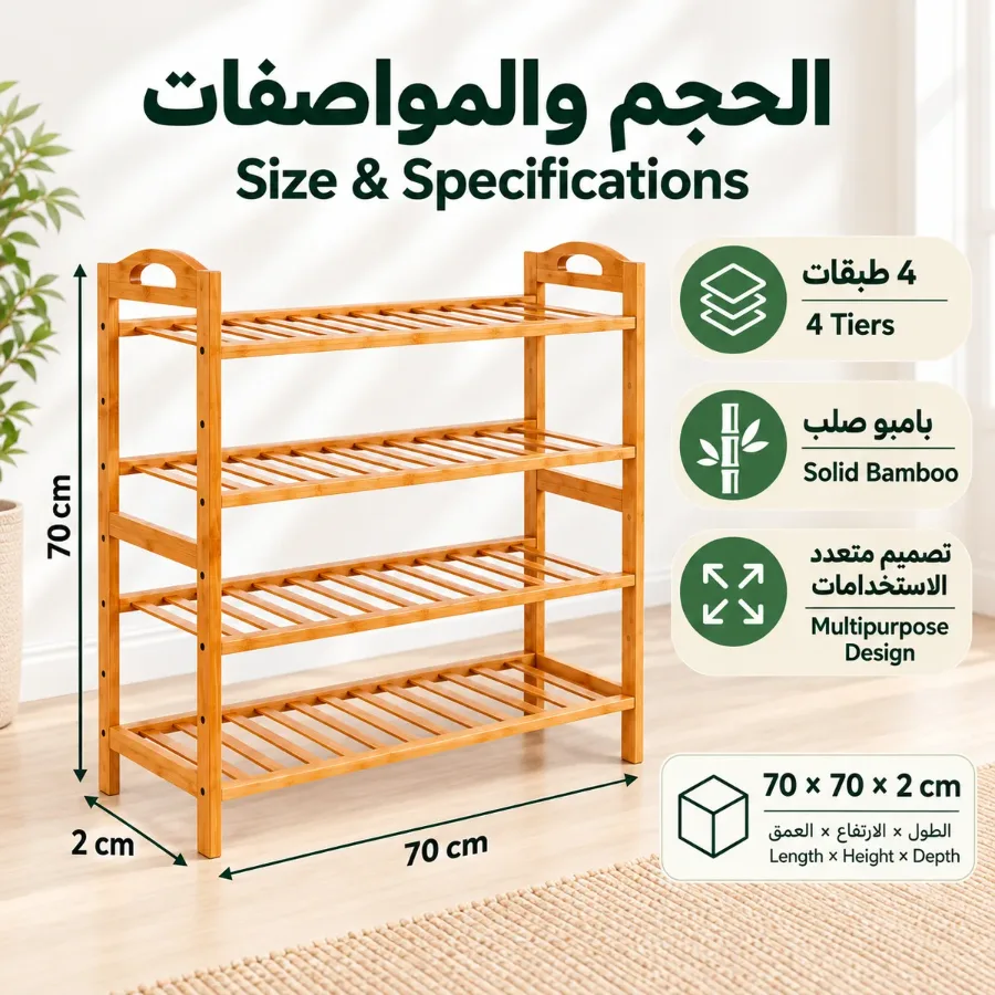 4 Layer Wooden Bamboo Shoe Rack 70x70x2cm β photo 3