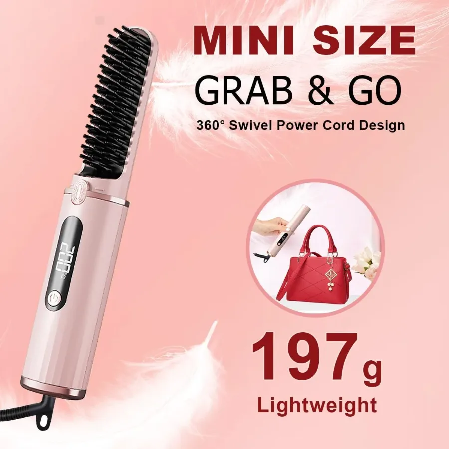 Portable Hair Straightening Comb with Negative Ions - Pink β photo 2