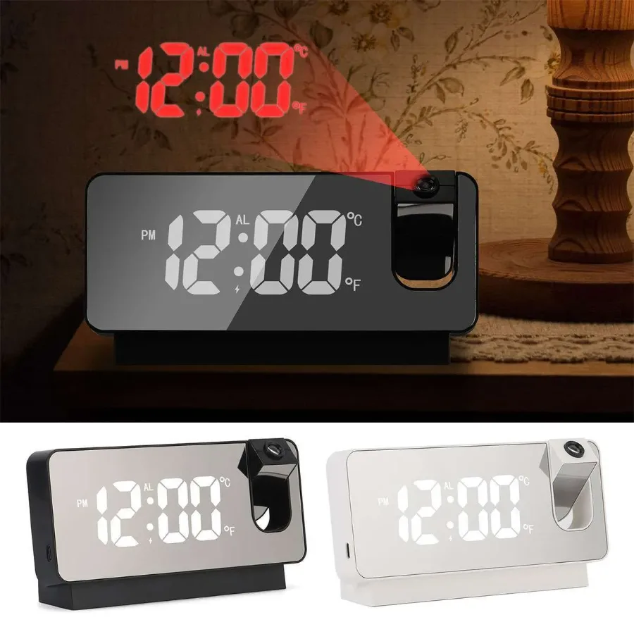 LED Digital Projector Projection Snooze Dual Alarm Clock Timer - White - White