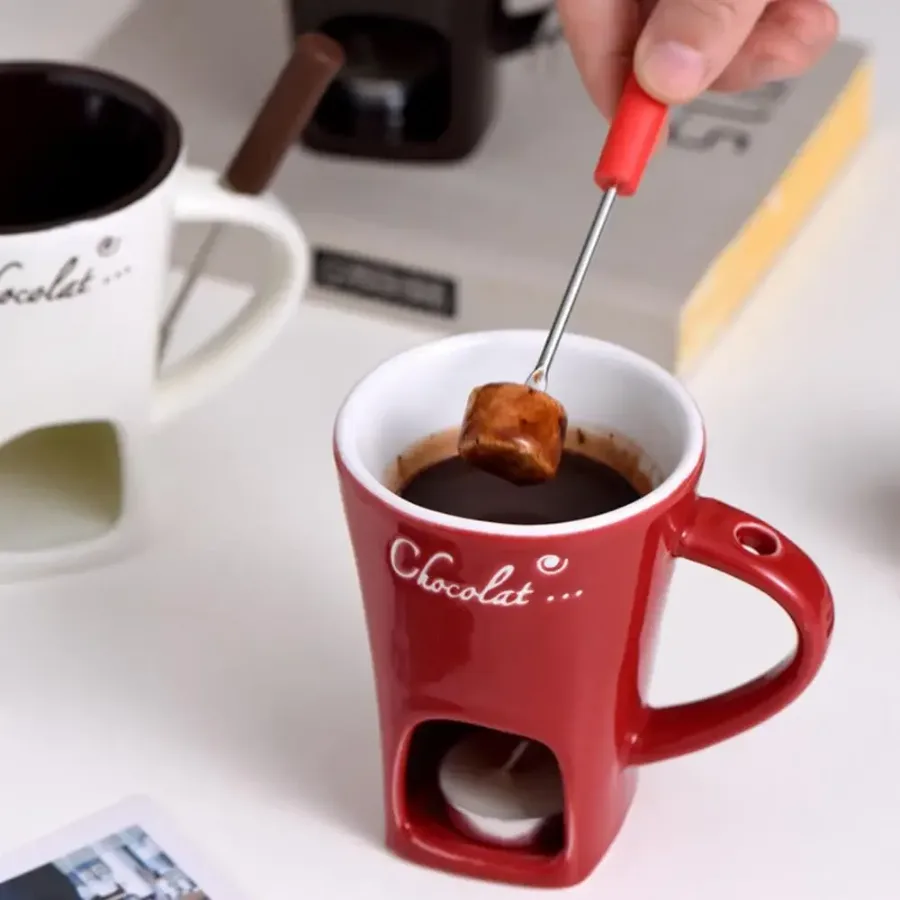 Chocolate Melting Cup with Fork, perfect for melting chocolate and cheese - Red β photo 2