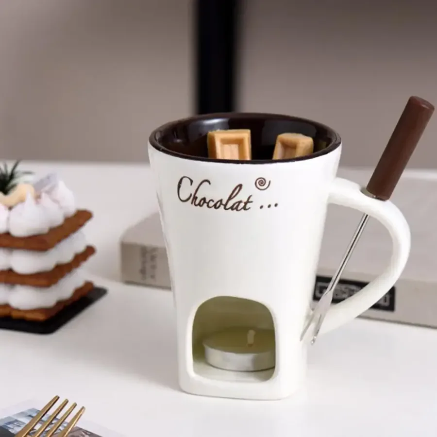 Chocolate Melting Cup with Fork, perfect for melting chocolate and cheese - Red