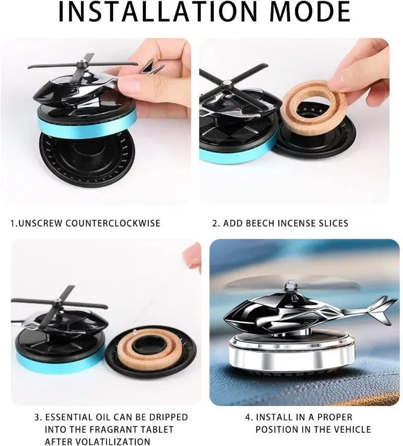 Solar Powered Helicopter Car Air Freshener Rotating Aromatherapy Diffuser for Car, Home & Office - Chrome β photo 9