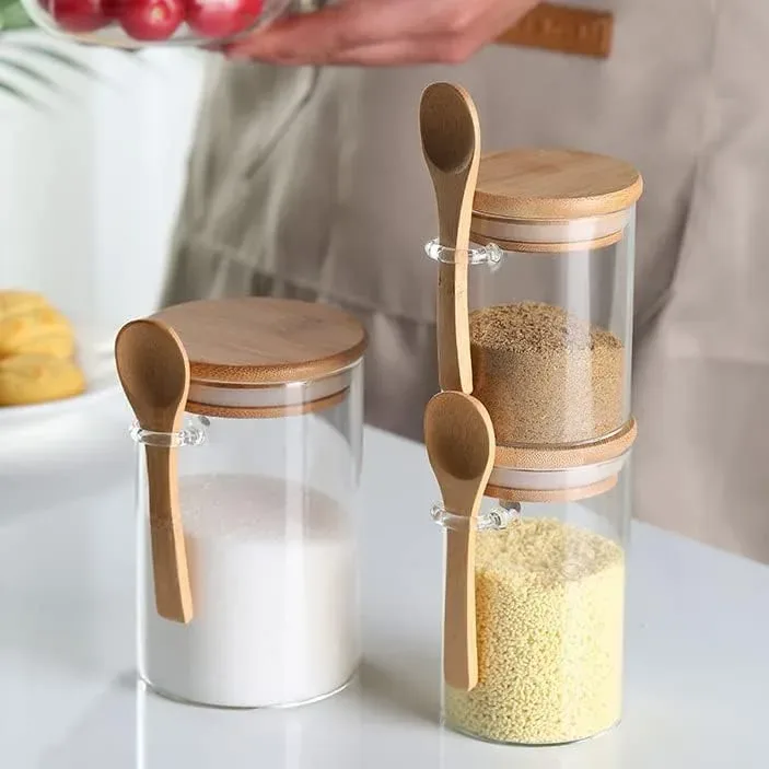 Airtight Glass Jars With Bamboo Lids And Spoons - 250ml