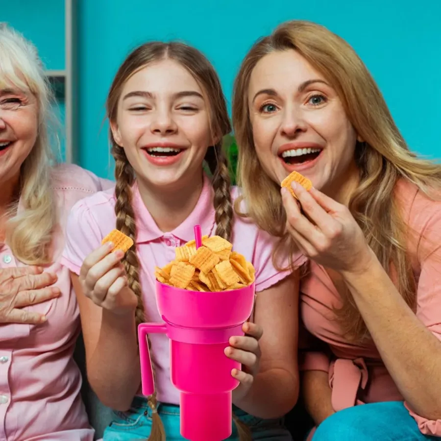 2 in 1 Snack Cup Bowl Combo with Straw | 32oz Stadium Tumbler with Snack Bowl - Pink β photo 2