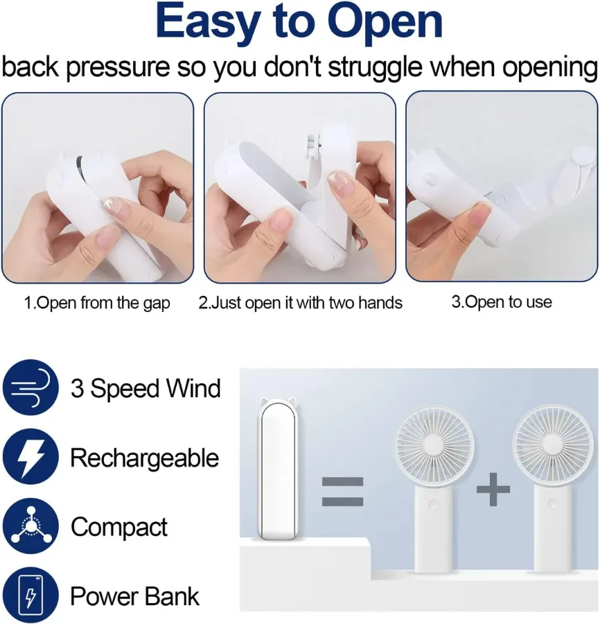 2 in 1 PowerBank Mini Handheld Fan – USB Rechargeable, Foldable & Portable Pocket Fan, Quiet Operation for Travel, Home & Outdoor - Pink — photo 2