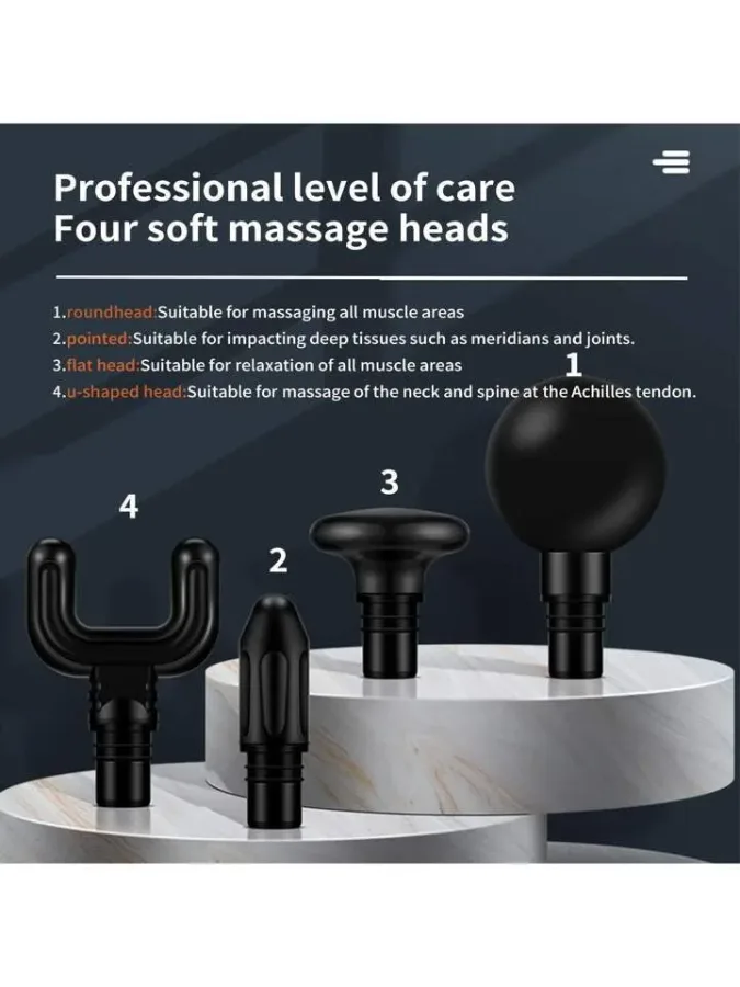 Rechargeable Mini Muscle Massage Gun With 6 Gears And 4 Massage Heads - Black — photo 4