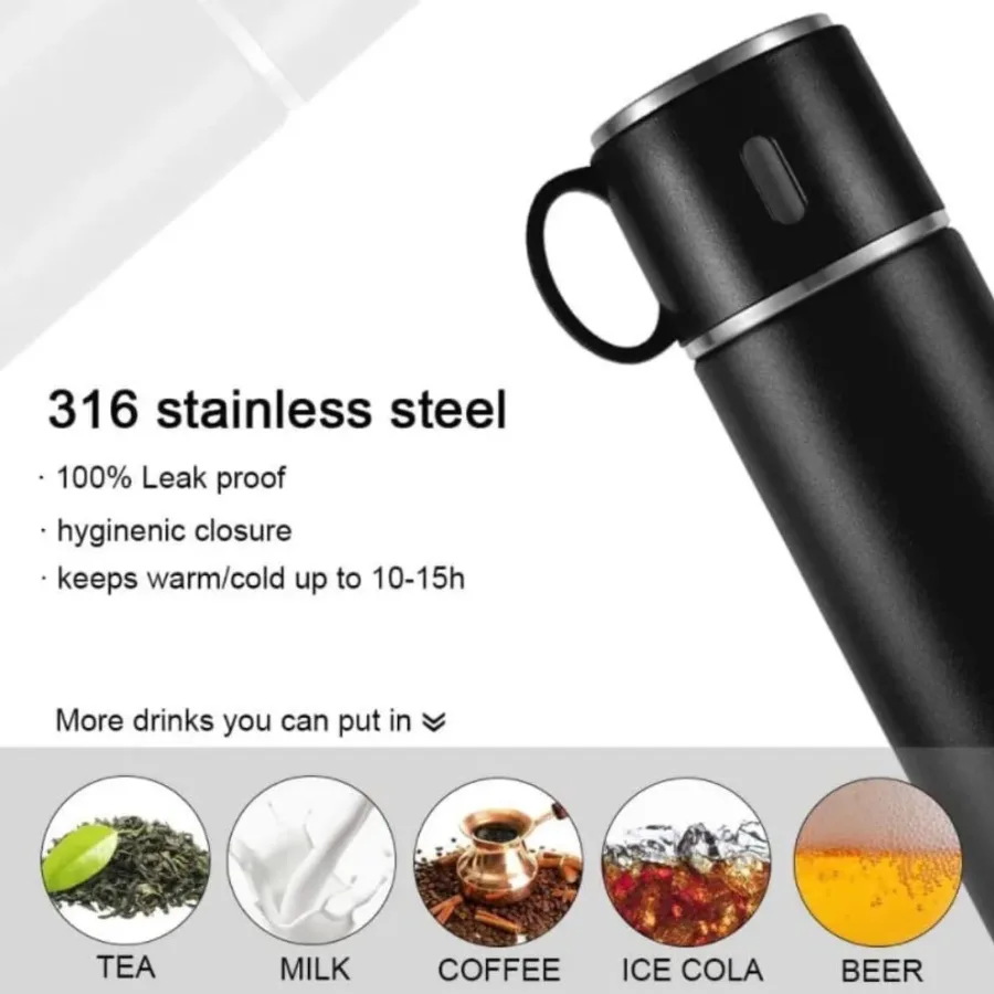 Thermos With Cups Double Wall Stainless Steel 500ml Vacuum Flask - Silver β photo 5