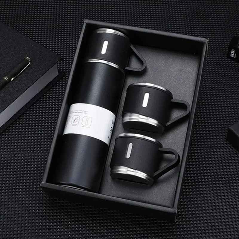 Thermos With Cups Double Wall Stainless Steel 500ml Vacuum Flask - Silver