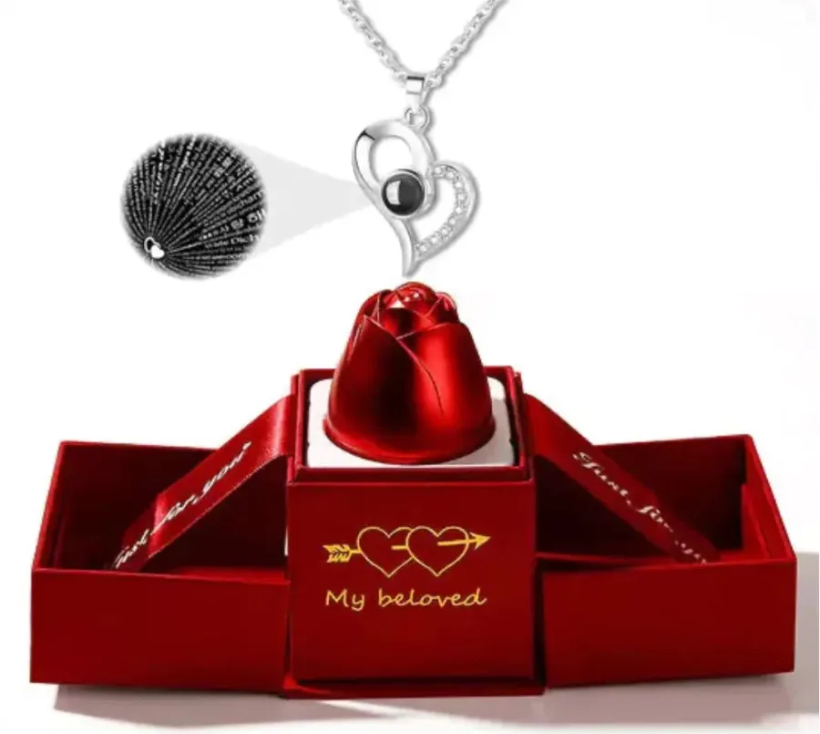 Necklace With Rose Box With Free Bag, I Love You In 100 Languages - 4 hearted necklace Gold β photo 5