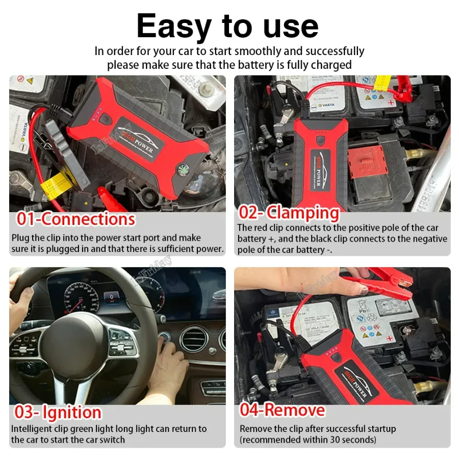 Portable Car Jump Starter Power Bank, Battery Booster Charger, Starting Device, Auto Emergency, Lighting Start-up, 12V - Jump starter + tire inflator — photo 9