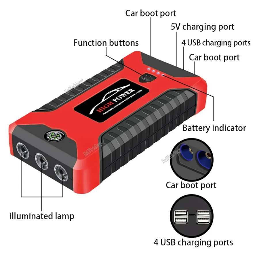 Portable Car Jump Starter Power Bank, Battery Booster Charger, Starting Device, Auto Emergency, Lighting Start-up, 12V - Jump starter + tire inflator — photo 10