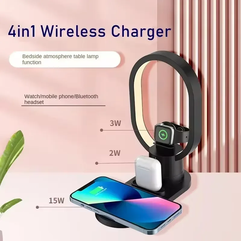 4 in 1 Night Light Wireless Charger for Apple Watch Airpods 15W Fast Charging Station White