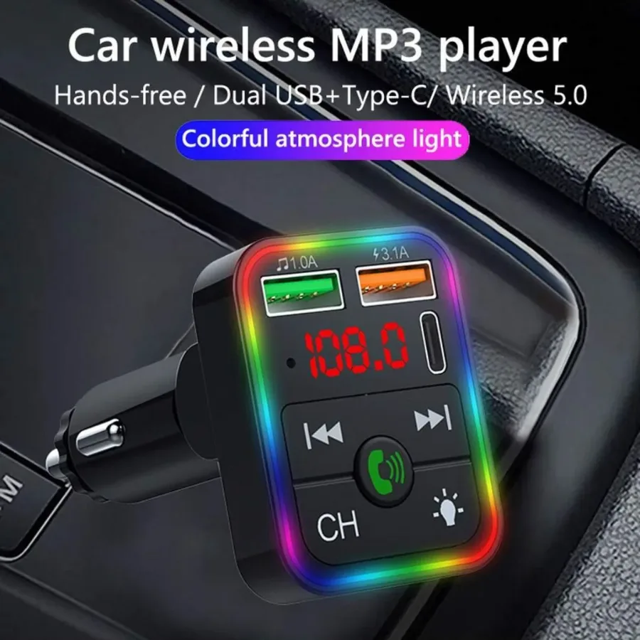 Bleutooth FM Transmitter F2 , MP3 Player with USB Flash Drive, Multi-Color Ambient Lighting, Dual USB 3.1 Type-C Fast Charger, and FM X8 β photo 2