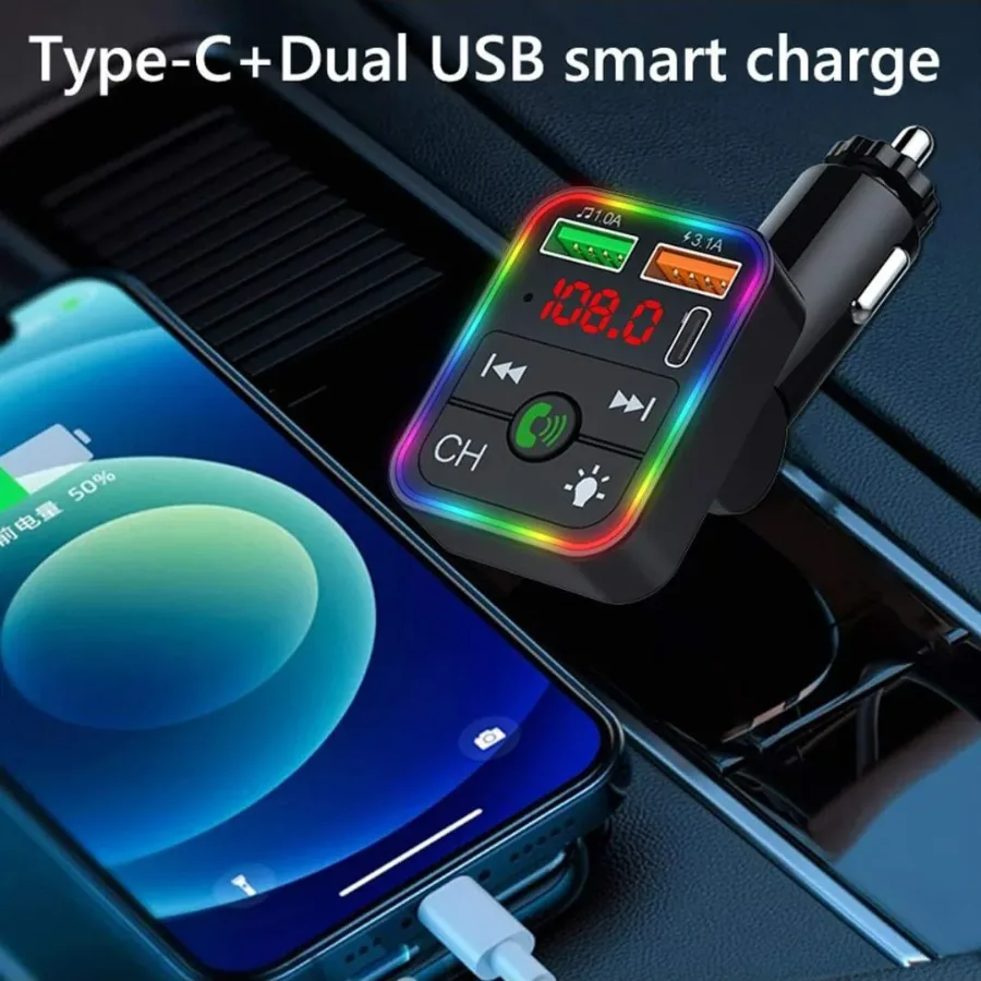 Bleutooth FM Transmitter F2 , MP3 Player with USB Flash Drive, Multi-Color Ambient Lighting, Dual USB 3.1 Type-C Fast Charger, and FM X8 β photo 5