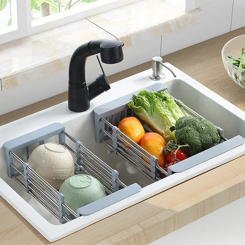 Stainless Steel Expandable Vegetable Basin with Drain Basket Drain Rack 1pc β photo 2