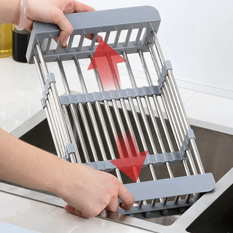 Stainless Steel Expandable Vegetable Basin with Drain Basket Drain Rack 1pc