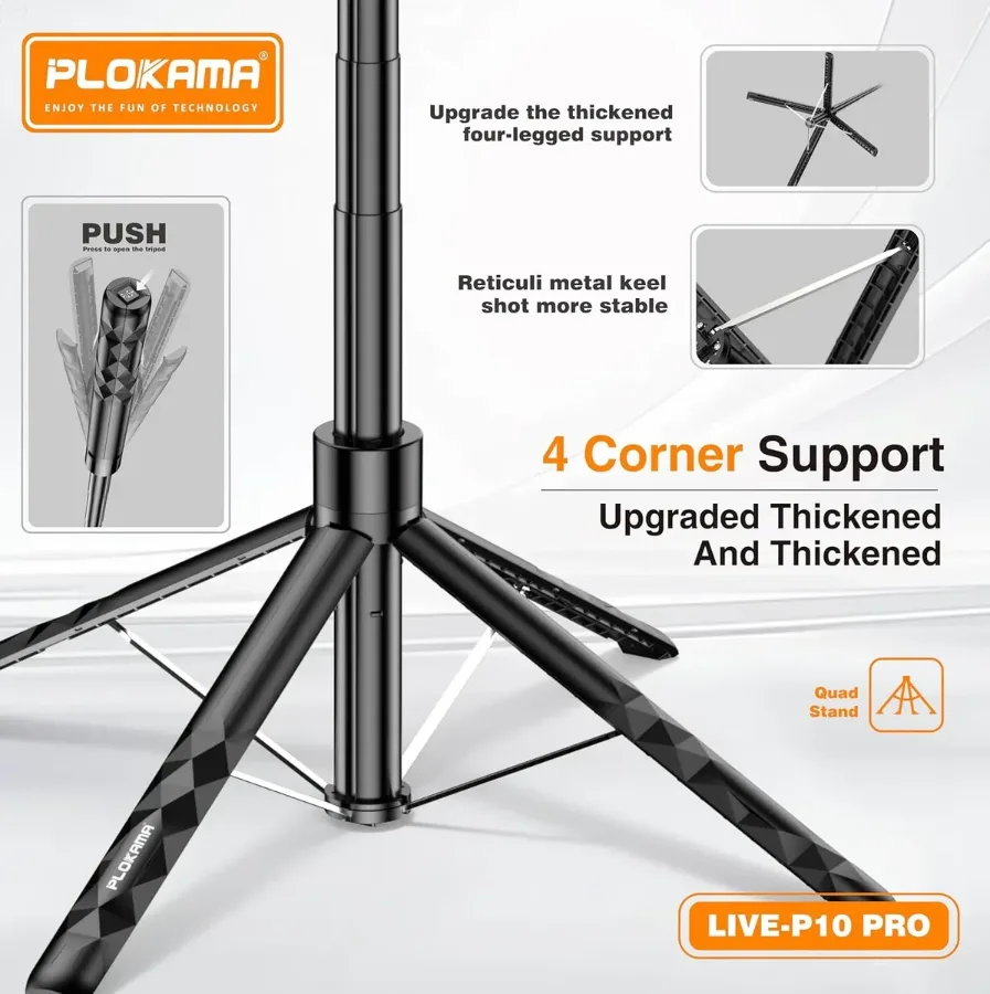 Plokama 3 IN 1 Selfie Stick Tripod with LED Light & Remote Live-P10 Pro — photo 4