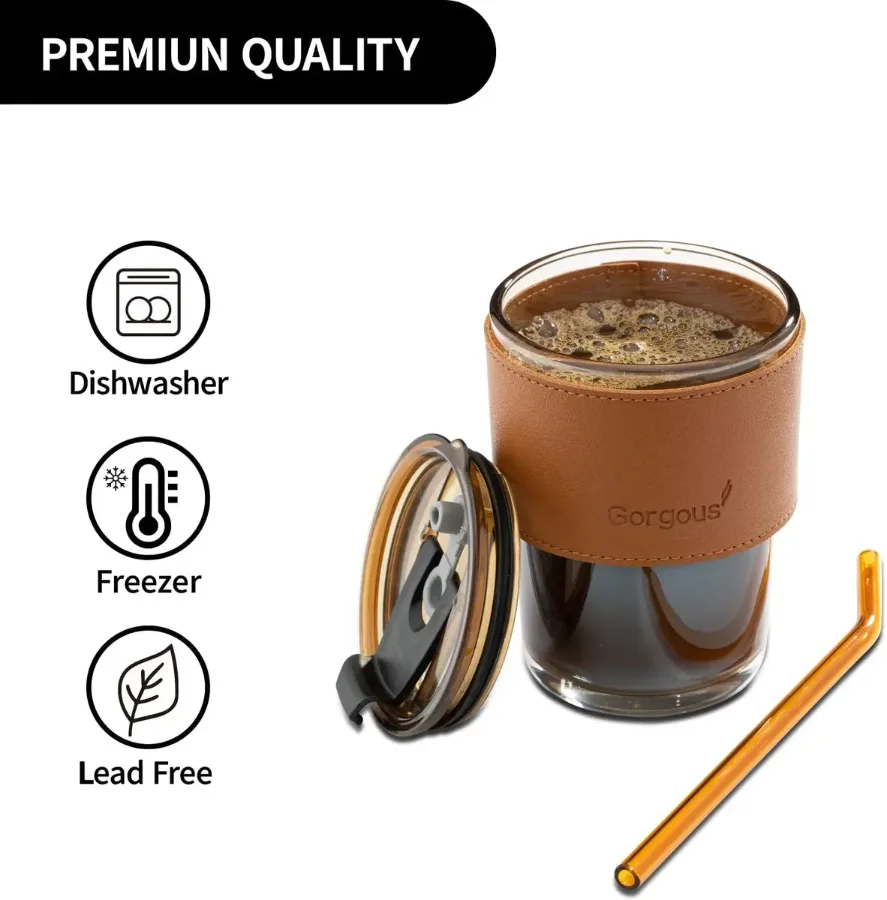 Coffee Mug Glass Tumbler With Silicone Straw and Lid 360 ml, Cup With Leather Sleeve β photo 2