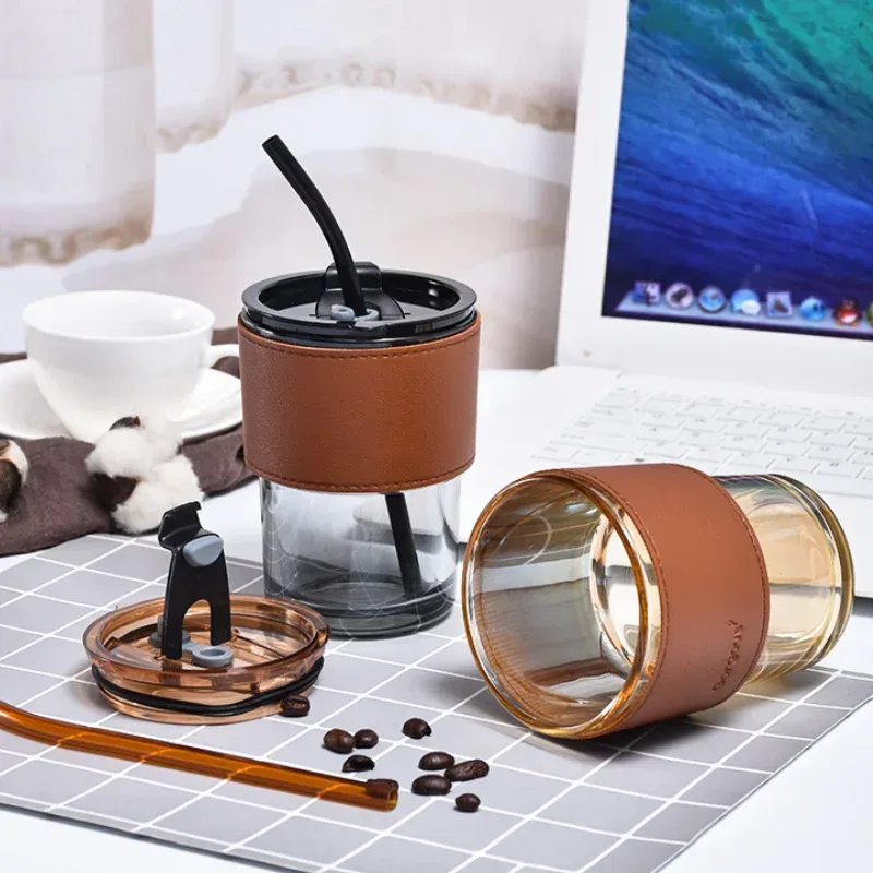 Coffee Mug Glass Tumbler With Silicone Straw and Lid 360 ml, Cup With Leather Sleeve β photo 4
