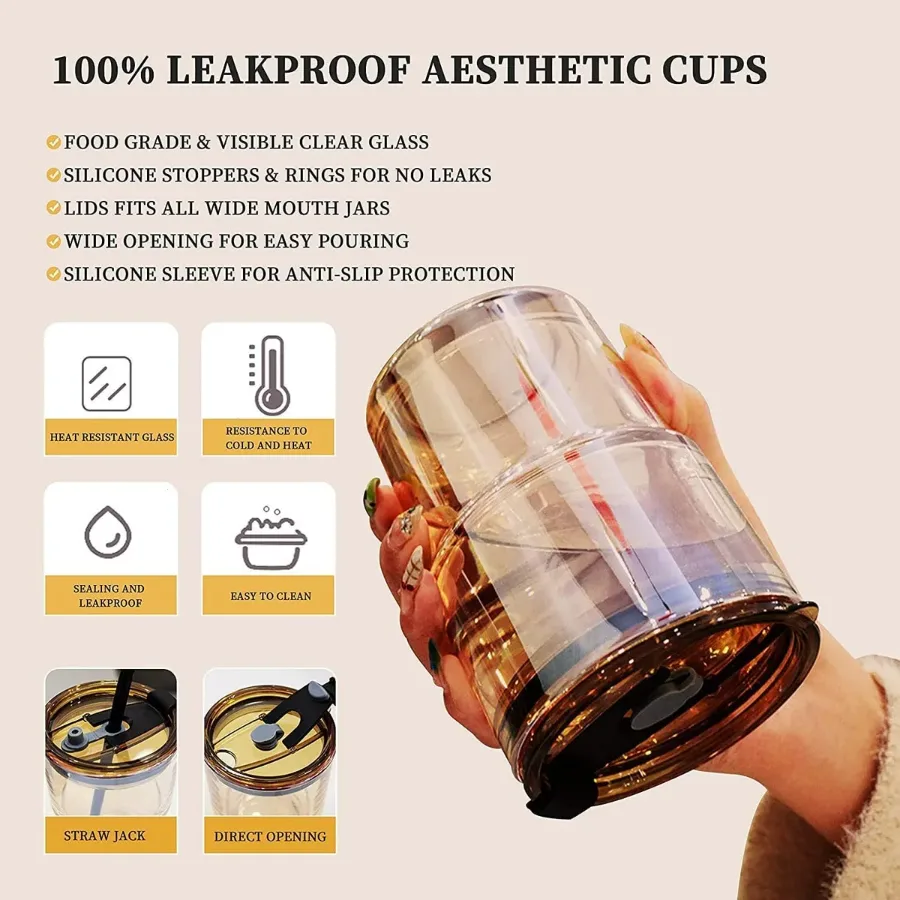 Coffee Mug Glass Tumbler With Silicone Straw and Lid 360 ml, Cup With Leather Sleeve β photo 7