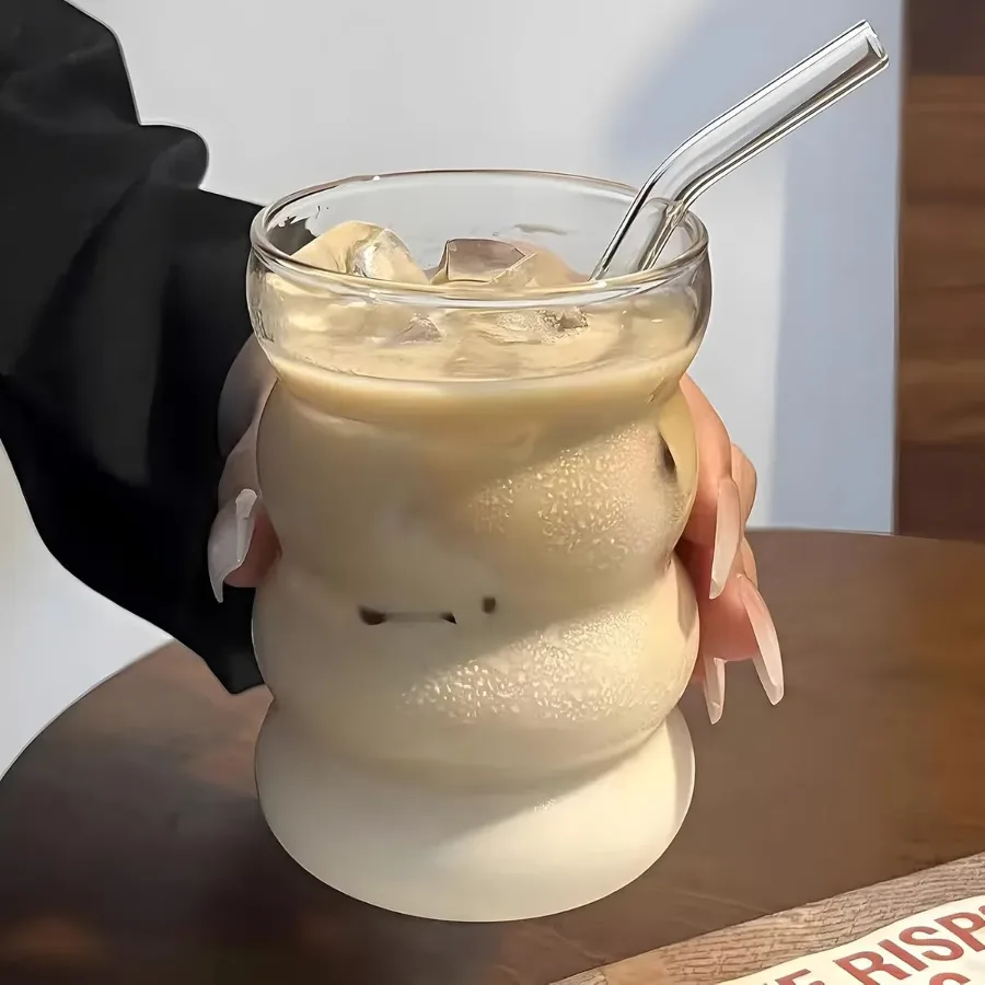 DrinkingWavy Glasses with Bamboo Lids and Glass Straw 14oz β photo 2