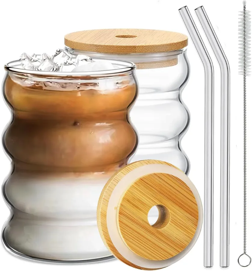 DrinkingWavy Glasses with Bamboo Lids and Glass Straw 14oz — photo 3